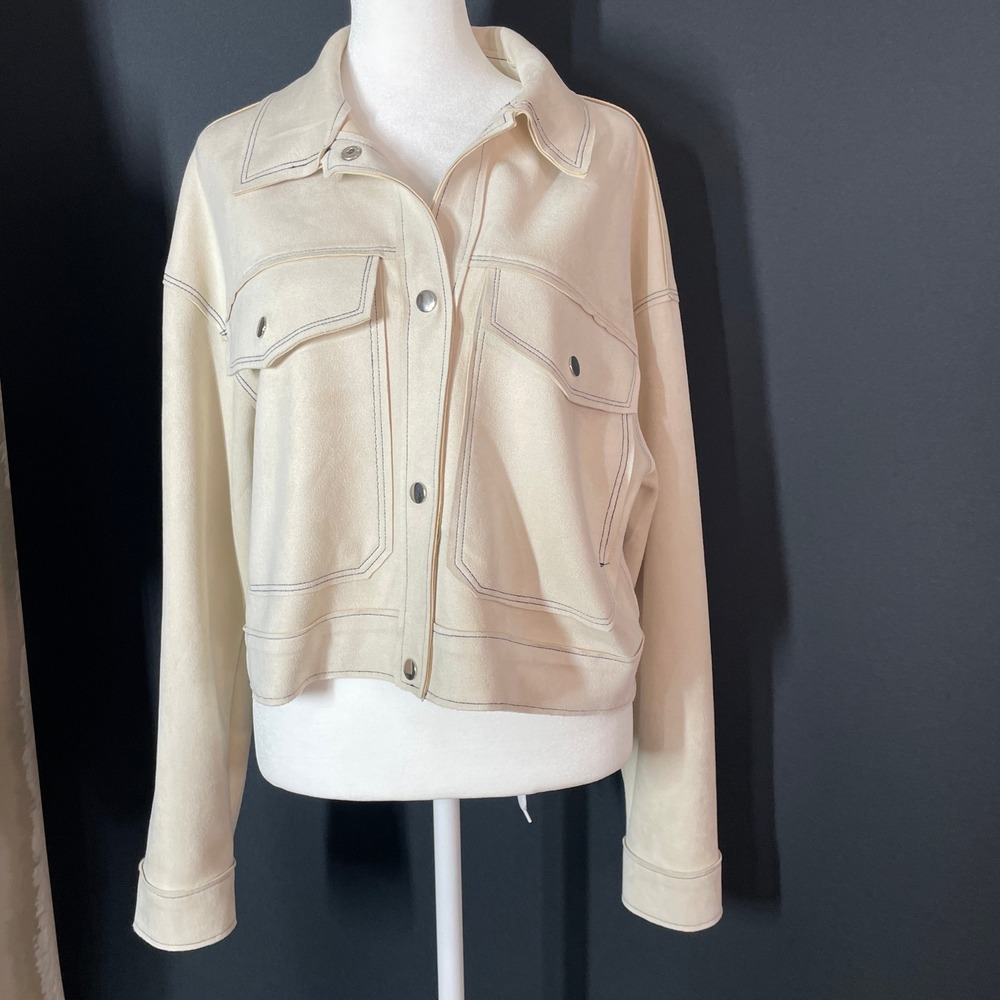 Stoosh Womens Beige Faux Suede Contrast Stitch Snap Front Jacket V14714 Size M
